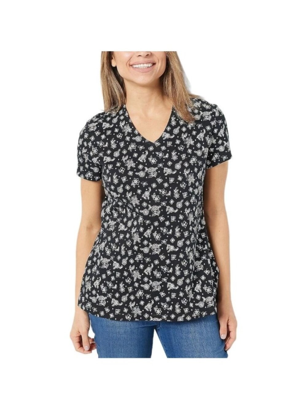 Isaac Mizrahi Live! Top XXS Essentials Printed Pima Cotton Pitch Black Floral Pa